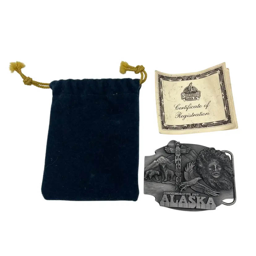 1989 Siskiyou Alaska Commemorative Belt Buckle Ltd Ed 1130/3000 Bears Totem Eagle Inuit w/ Bag & Certificate