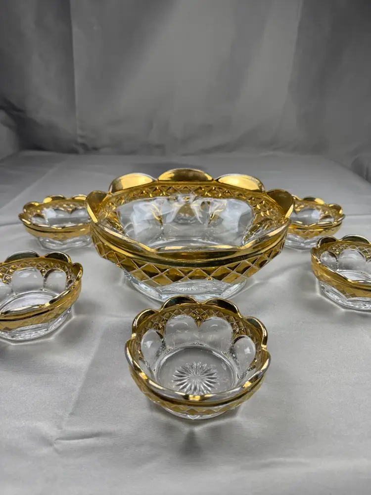 EAPG New Martinsville Colonial Mitre Frontier Master Berry Bowl Gold Trim Lot Of 7