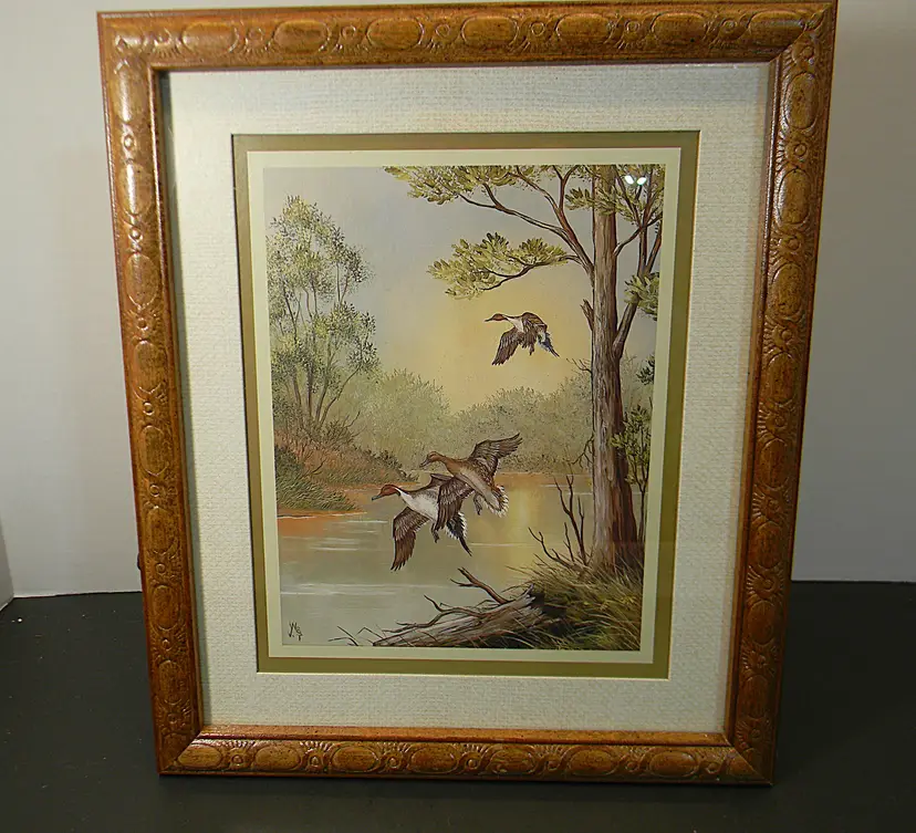 "Woodland in Flight" Art Print of Pintail ducks in flight by V. West signed