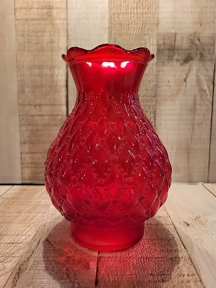 Vintage Red Ruby Beaded Diamond Quilt Ruffle Vase 7" Glass MCM Grandma Core Art