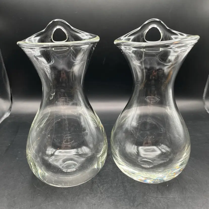 Set Of 2 Clear Hand Blown Glass Wall Pockets Shaped Like Vases