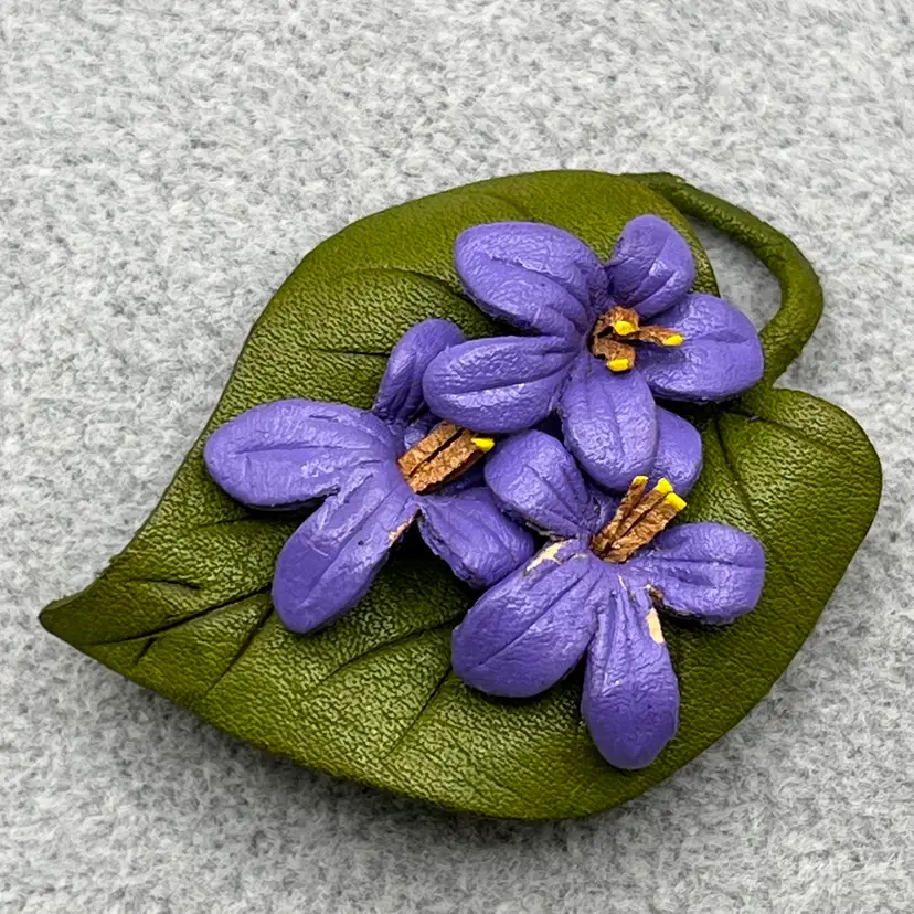 Signed Leather Violets On Leaf Brooch Pin