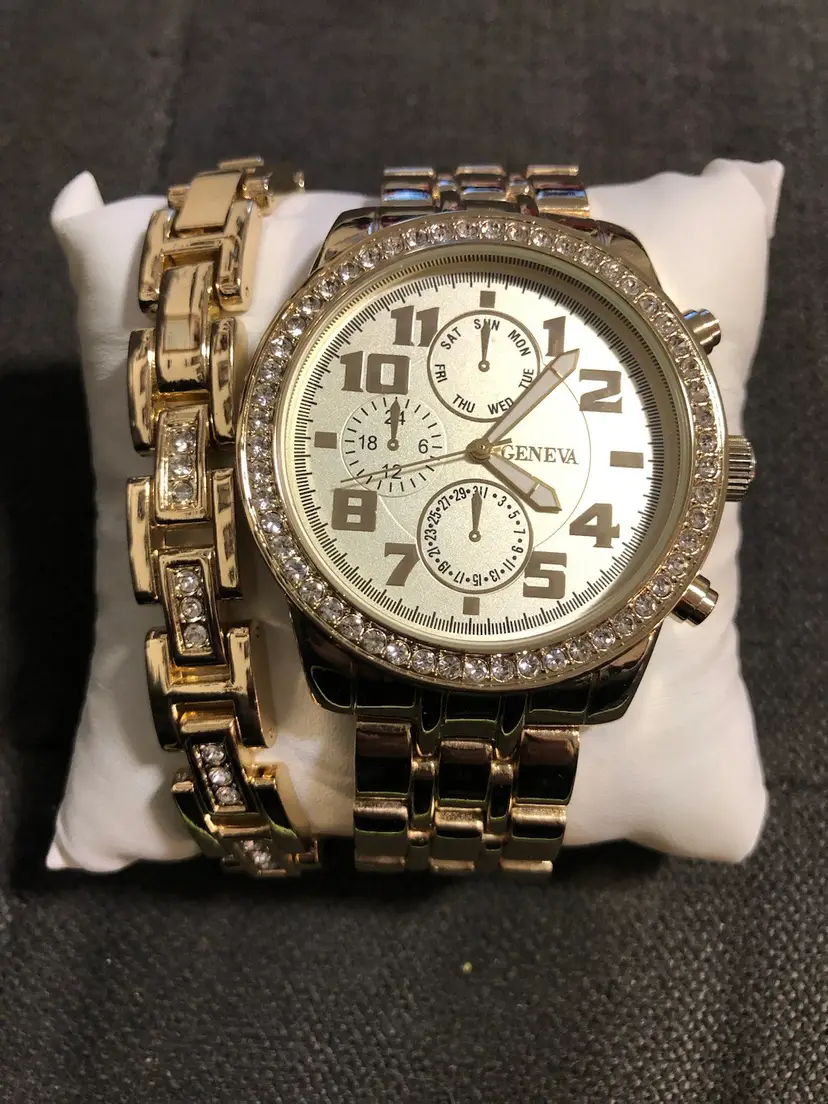 Geneva Gold-Tone & Jeweled Watch and Bracelet Set w/ Box