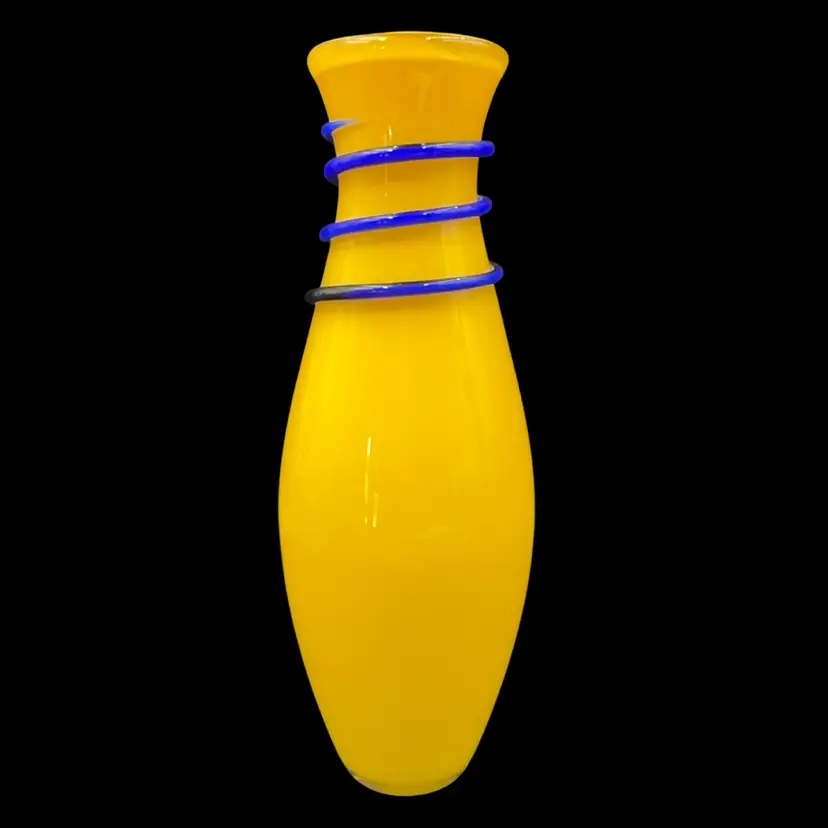 In Cased Vintage Yellow Hand Blown Glass Base With Cobalt Blue Accent