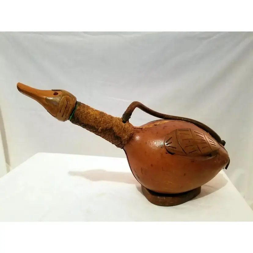 Vintage Decanter Duck-Shaped Leather-Wrapped Green Glass Bottle, Italy