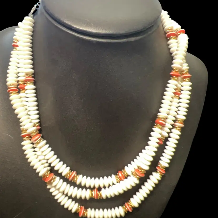 Vintage Three Strand White, Gold And Coral Color Beads, Strands Are Graduated Hook Closure Wear On Coral Beads (May Be Made This WY) See Pictures Summer Time Beach