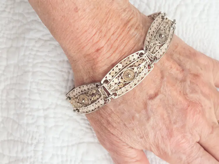 Antique Sterling Silver Hand Wired Filigree Bracelet with Heart Charm