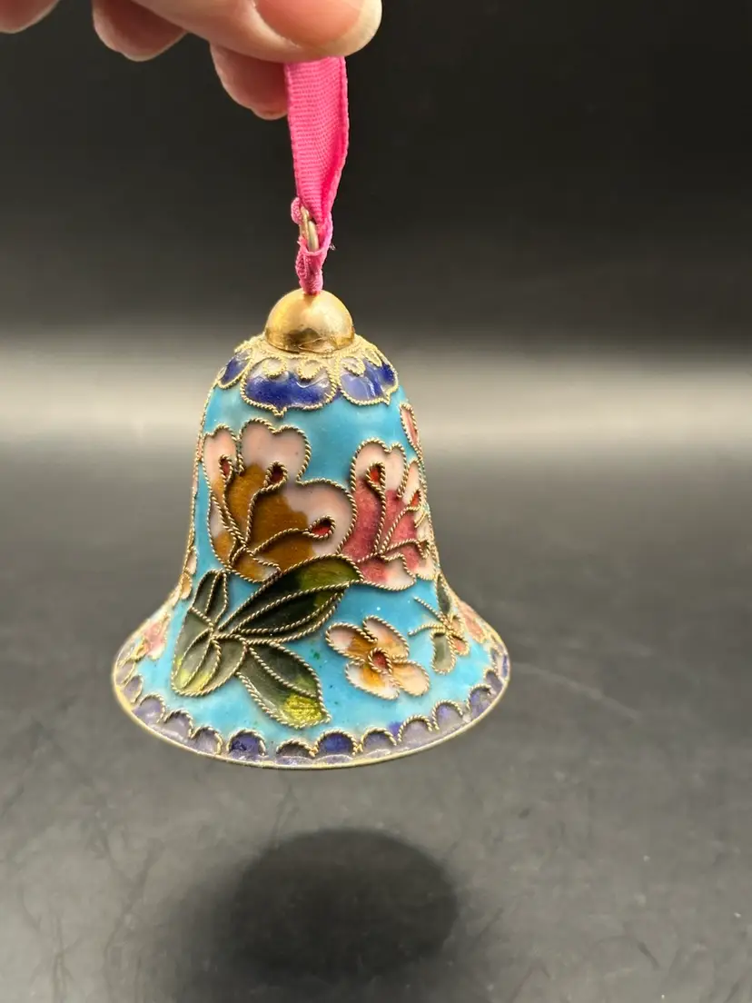 Enamel Floral Cloisonné Bell Christmas Ornament 4"Brass Pink Purple Blue Under