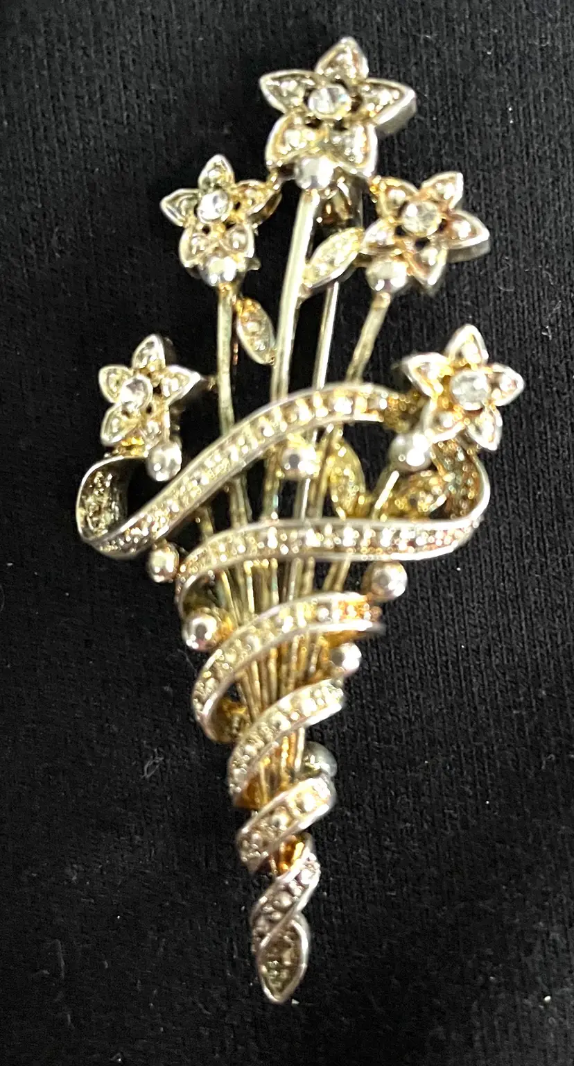 Vintage Bouquet Brooch.  SP With Rhinestones. Signed W LIND.