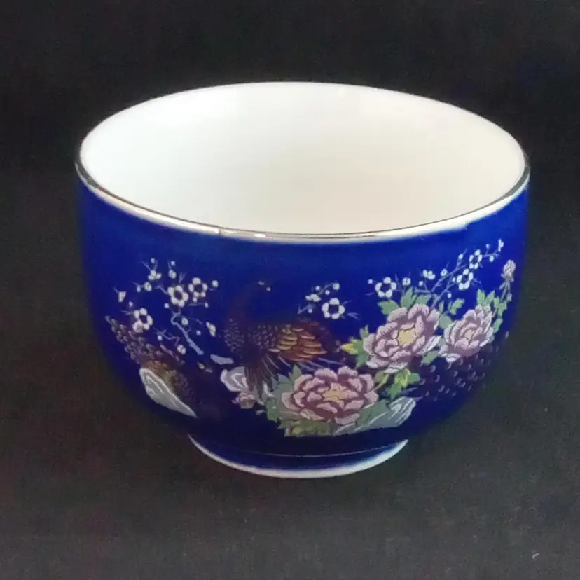 Cobalt Blue Japanese Tea Cup with Peacocks & Florals