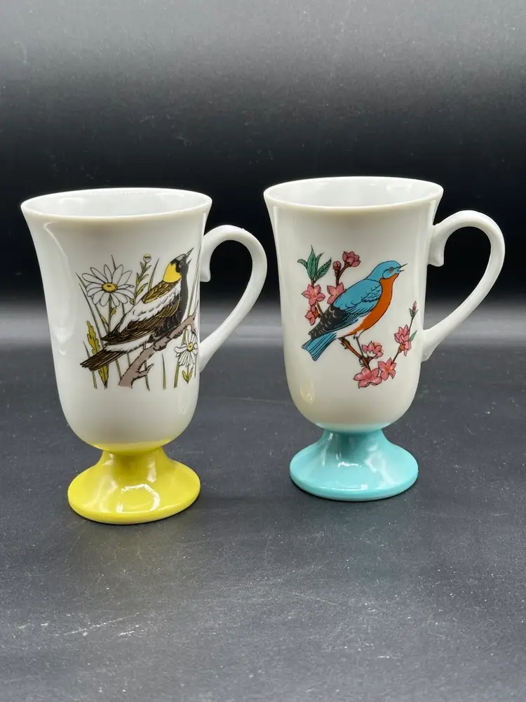 Fred Roberts Vintage Song Birds Set of Two Pedestal Coffee Mugs - Irish Coffee
