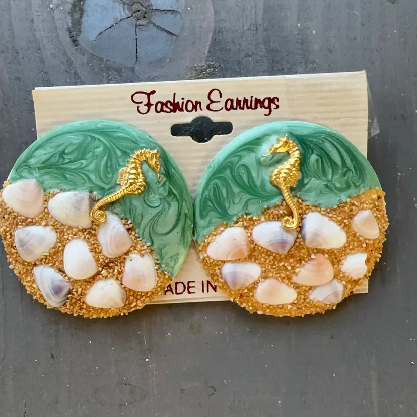 Vintage Post Back Seahorse And Shells Earrings