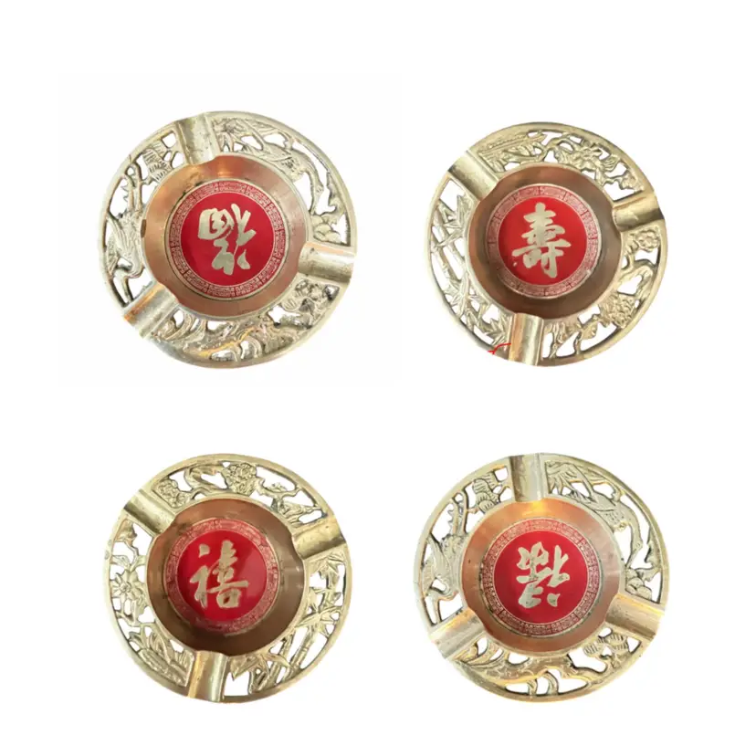 Brass Stacking  Ashtray Feng Shui Set 4pc  Personal Size Solid Bird & Flower Open-Fretwork Trim Vibrant Red Enamel Inlay Tobacciana  Feng Shui