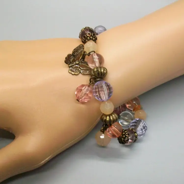 Pastel Pink Purple Brown Beads Stretch Bracelet with Brown Enamel Butterfly Charm 8"-9"