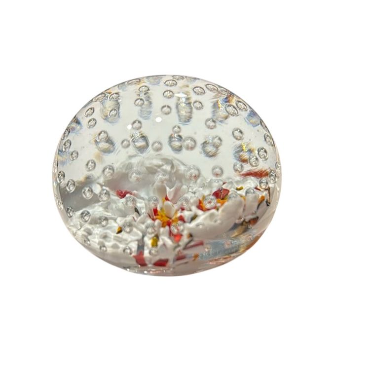 Unusual Frit - Vintage Mouthblown Art Glass Paperweight - Controlled Bubbles With Orange White & Green - 2.5”