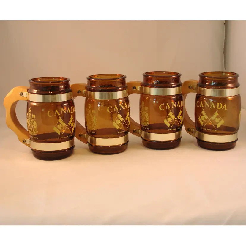 Glass CANADA Mugs 16 oz. (4) - Carved Wood Handles, Mountie, Flags - Vintage