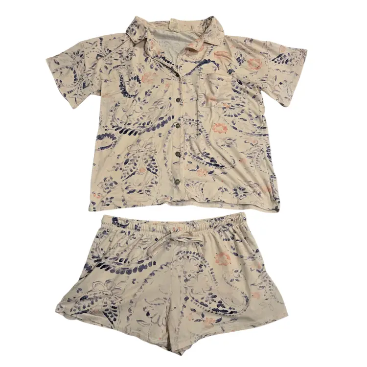Lucky Brand Pajama Set Button Top & Shorts Floral Beige Pink Sleepwear Womens L