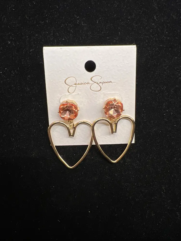 Jessica Simpson Gold Tone Open Heart  Pink Rhinestone Pierced Earrings #C-8