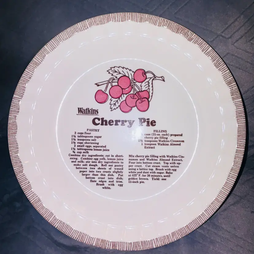 Vintage 1981 Watkins Ceramic Cherry Pie Dish with Recipe #6294