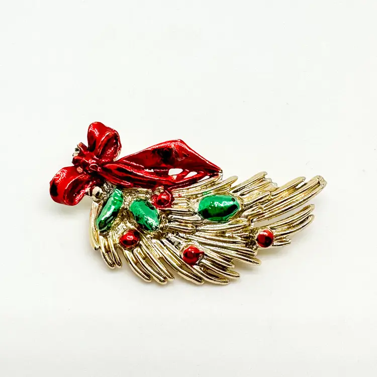 Christmas Bow Swag Brooch Pin Unbranded Gold Tone Red Green Enamel Vintage