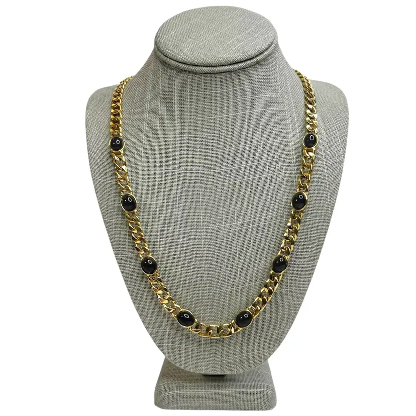 Vtg Monet Gold Tone Black Lucite Cabochons Chunky Cuban Chain Necklace UV React