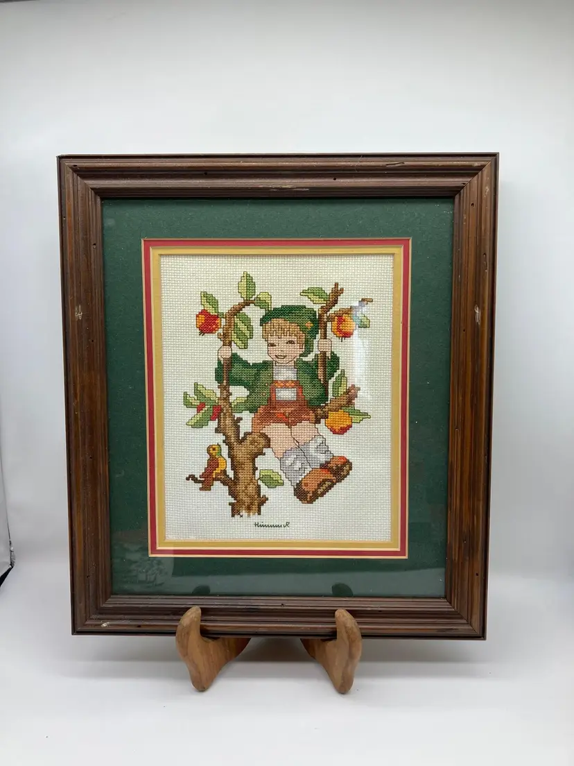 Vintage Hummel Boy in Apple Tree Cross Stitch Needlepoint in Frame