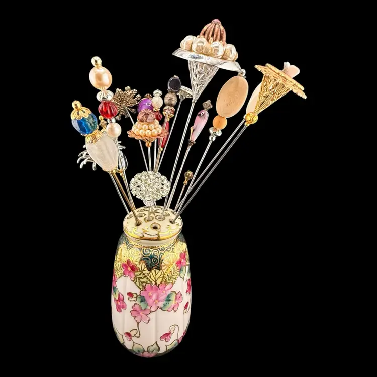 Nippon Floral Hat Pin Holder Or Muffinier with 14 Hat Pins with 20 Hat Pins