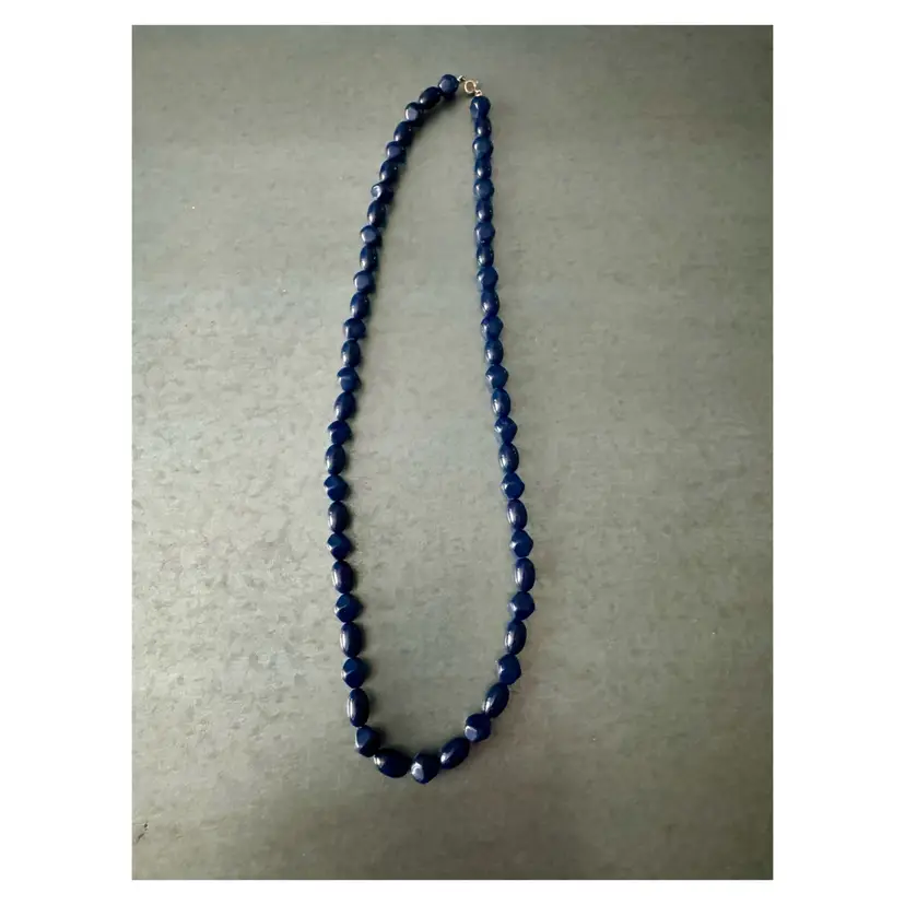 Vintage Trifari Signed Navy Blue Acrylic Bead Necklace Gold Tone Clasp MCM