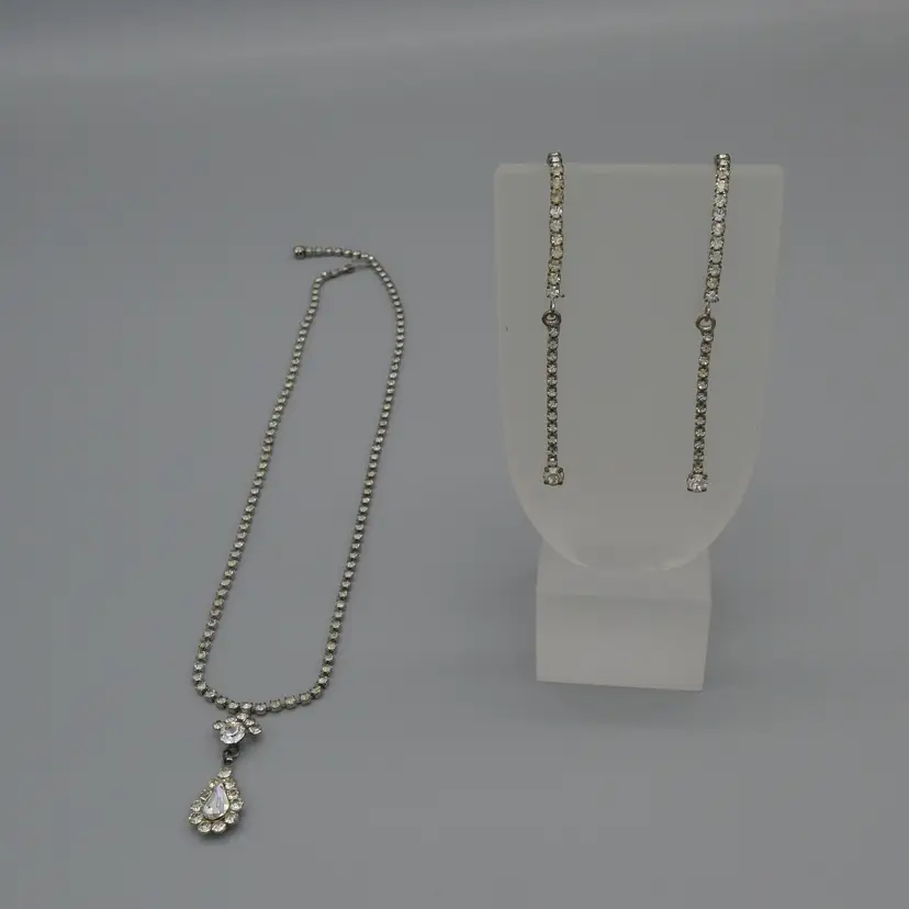 Vintage Art Deco Rhinestone Pendant Necklace 3" Drop Earrings Clear Silver Tone Demi Set