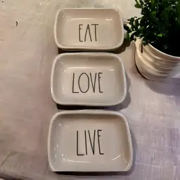 Rae Dunn 3 Piece Snack Serving Eat, Live, and Love Trays Plates Dipping Bowls