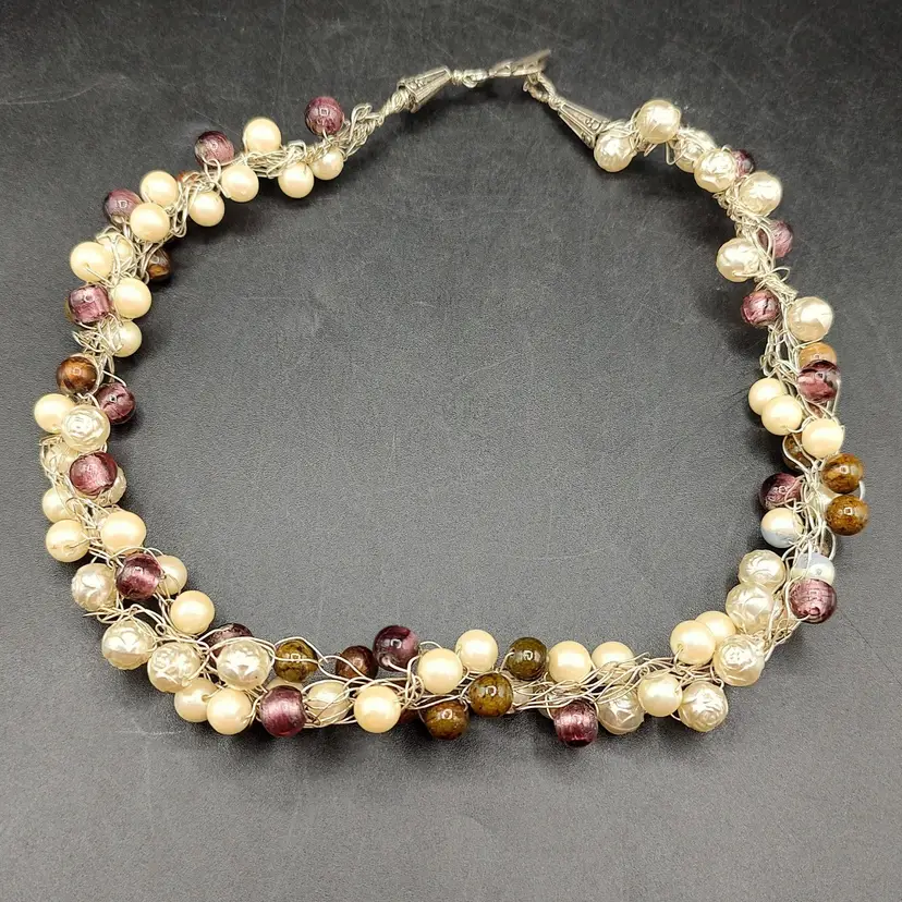 Vtg Hand Crafted Wire Necklace With White And Purple Beads