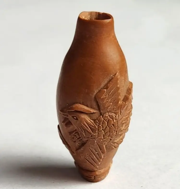 Vtg Chinese Carved Nut Mini Vase Bird