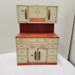 Vintage 50s Wolverine Tin Litho Red & White Kitchen Cabinet Child Lg Toy Playset