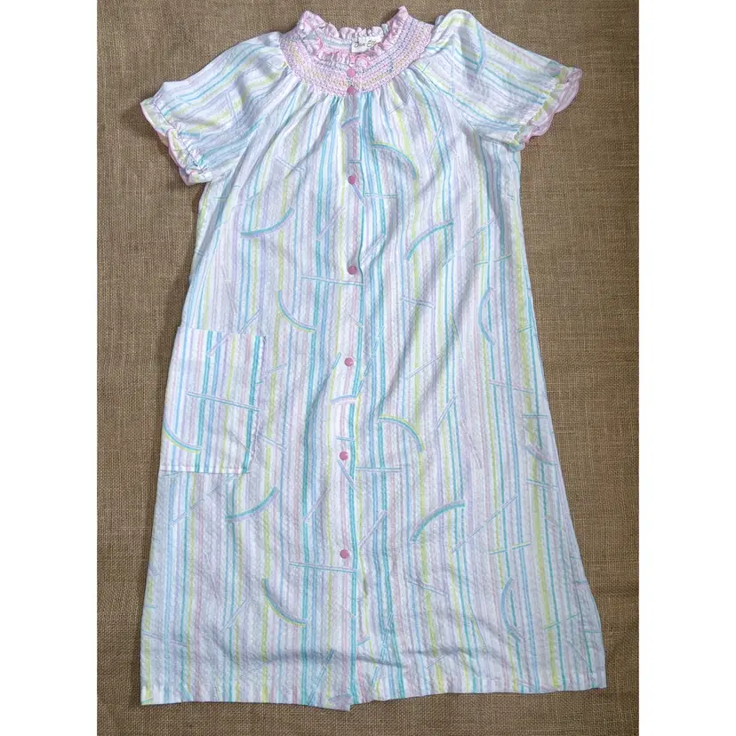 Vintage Pastel Vertical Striped House Coat Robe Nightgown Small Kidcore Cottage