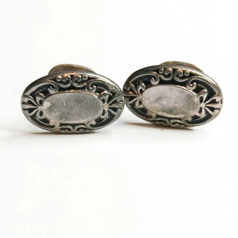 Vintage Ornate Silver Tone Oval Cufflinks Nouveau Style Engravable