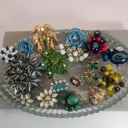 Flower Power Vintage Bulk Rhinestone Earrings, Pendants, Brooch, and Bead Lot for Repurposing, Mixed Media, and Crafting.