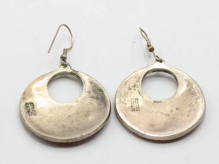 Vintage Alpaca Abalone Red Floral Pierced Earrings Mexico