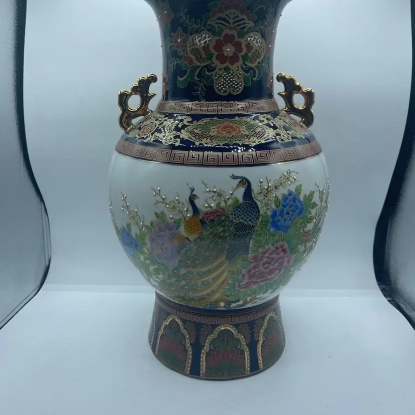 Hand Painted Asian Vase With Peacocks Double Handle 18”