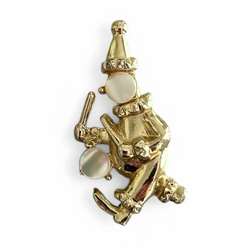Vintage Gold Tone Volupte Clown Brooch Pin Playing Drums With Mother of Pearl Accents