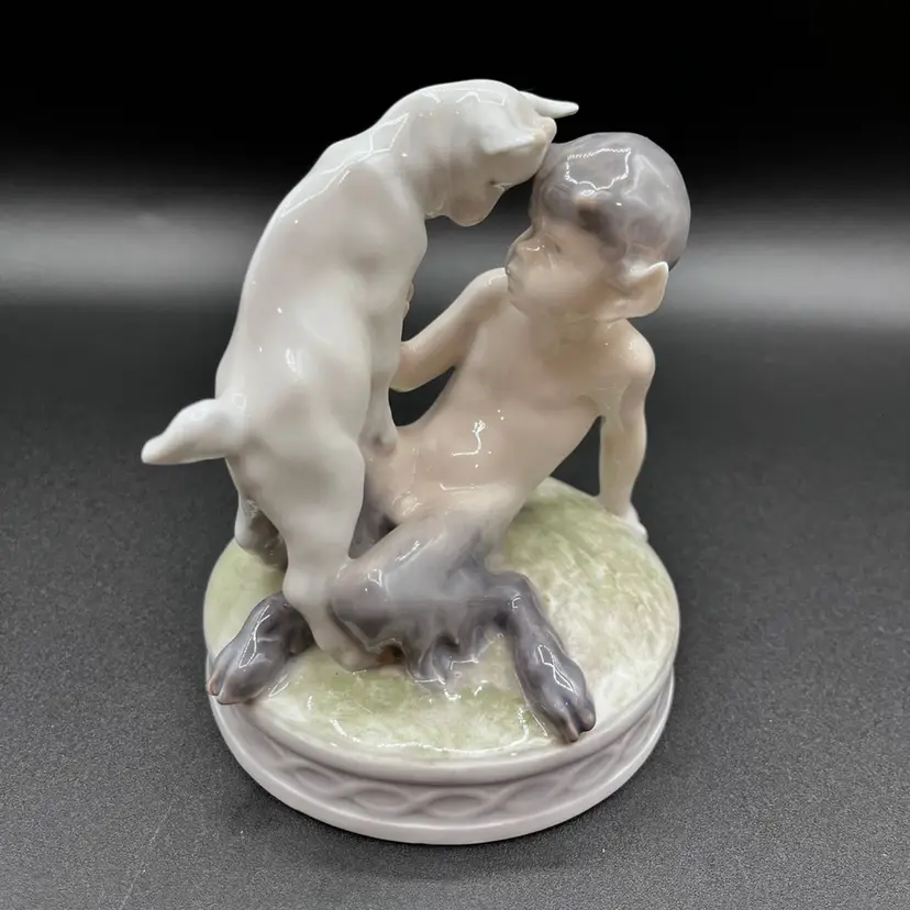 Whimsical Royal Copenhagen #498 Porcelain Faun Pan/Satyr & Baby Goat Figurine 5"