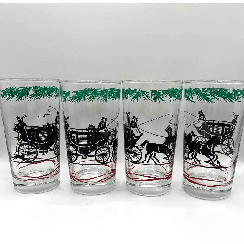 Set of 4 Hazel Atlas Stagecoach Carriage Horses Glass Drinkware Barware Midcentury Modern 5.2 in Height