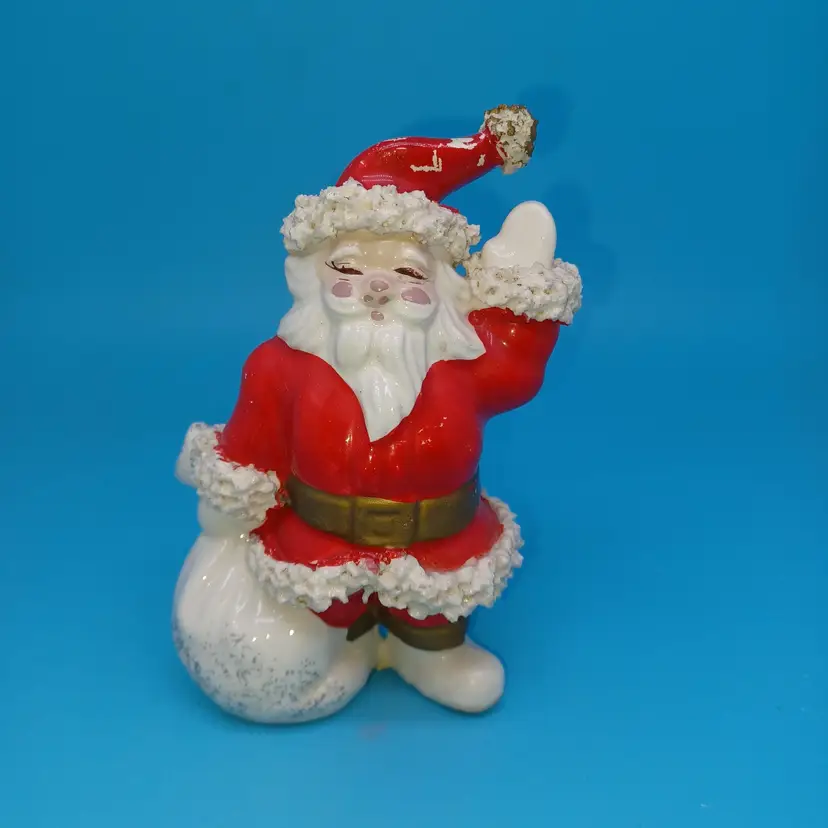 Vintage Santa 60s Christmas Decor Ceramic Spaghetti Trim Santa Figurine Spaghett