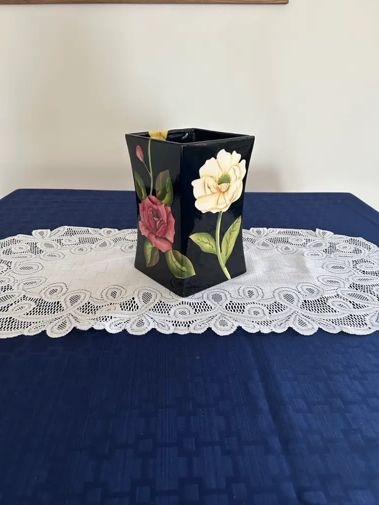 Vintage Pacific rim vase black and floral Hand Painted H 8.25 In Top 5 X 5 In