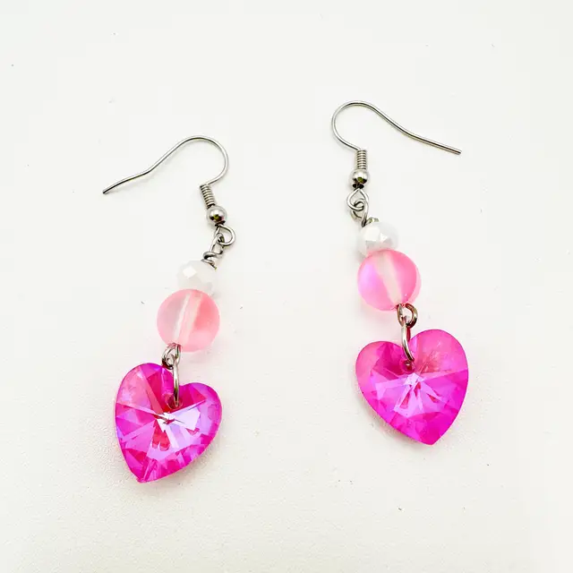 Valentine's Day Earrings Pink Mermaid Glass Beads with Pink AB Crystal Heart Handmade