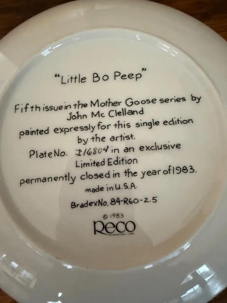 1983 “Little Bo Peep” Collector Plate by John McClelland – 5th in Mother Goose Series – Reco Limited Edition – Nursery Decor – Made in USA – 8.5 Inch Plate
