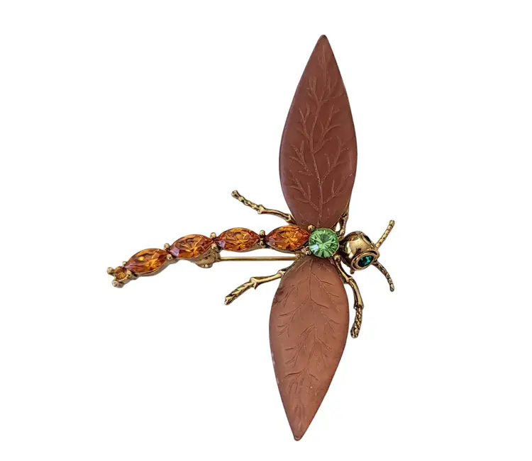 Gold Tone Orange Green Rhinestone Copper Tone Textured Wing Dragonfly Brooch Pin E669
