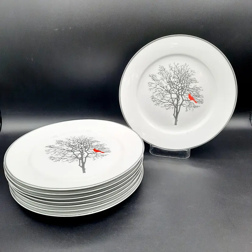 Silver Tree Cardinal Redbird Winter White Plates Set Of 8