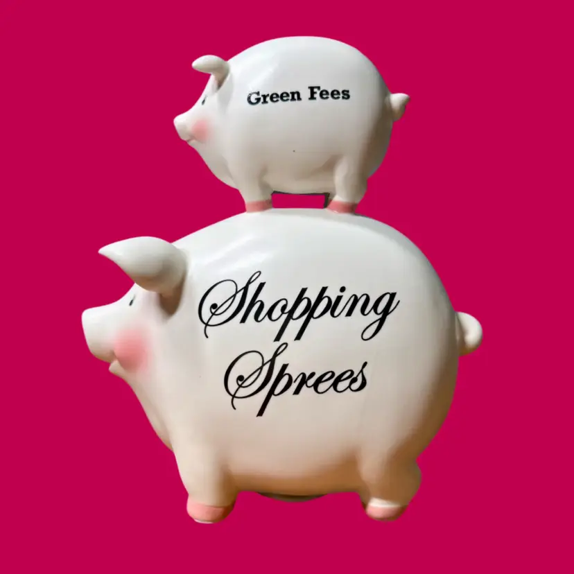 2006 YOUNG Ceramic Piggy Coin Bank, 8.25”, Pass the Buck, His & Hers