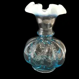 738-Fenton Opal Ruffled Beaded Melon Vase Opalescent Aqua Vintage-Glows-READ