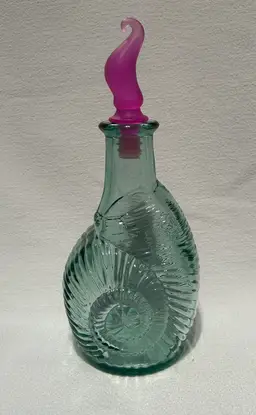 Vintage Green Glass Seashell Shape Decanter Bottle Bud Vase With Crystal Stopper